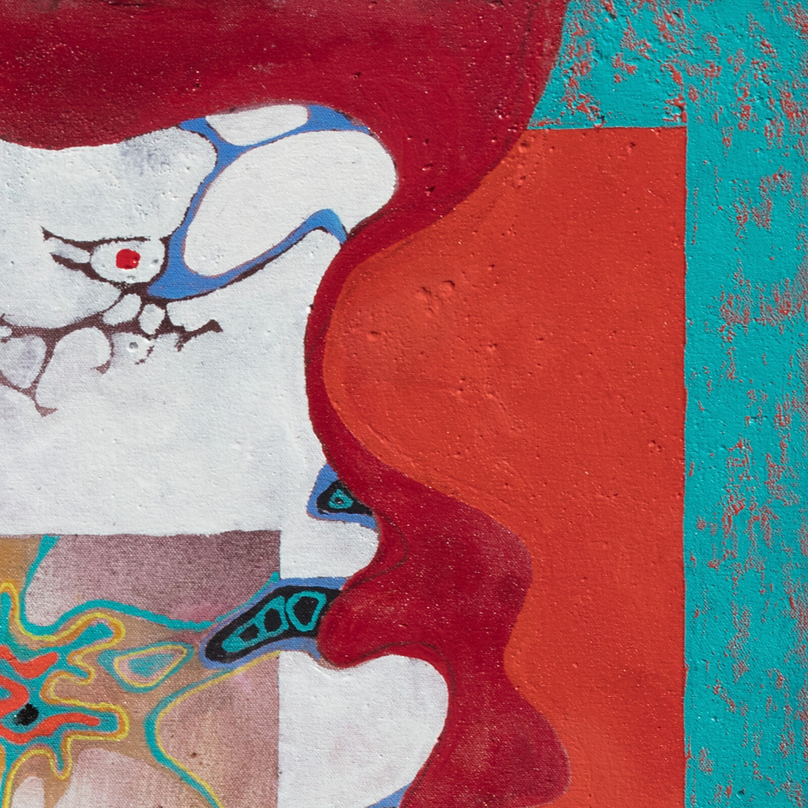 A painting of a woman's face with a sun in the background.