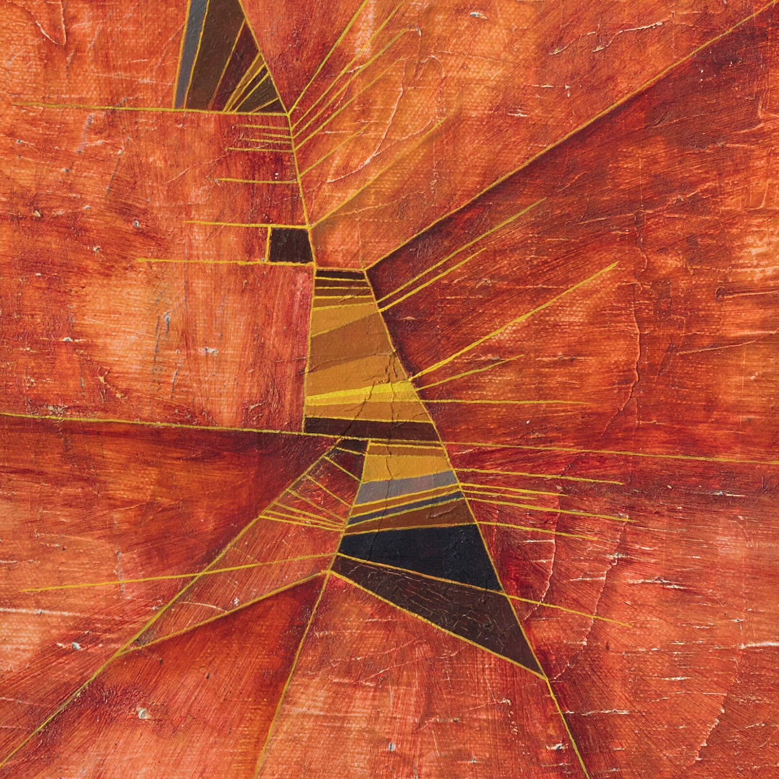 A painting of an orange and yellow abstract painting on a red background.