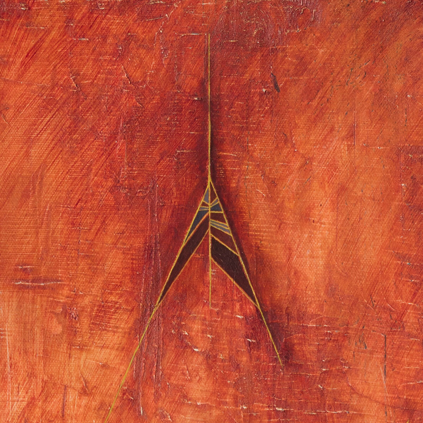 A painting of an orange and yellow abstract painting on a red background.