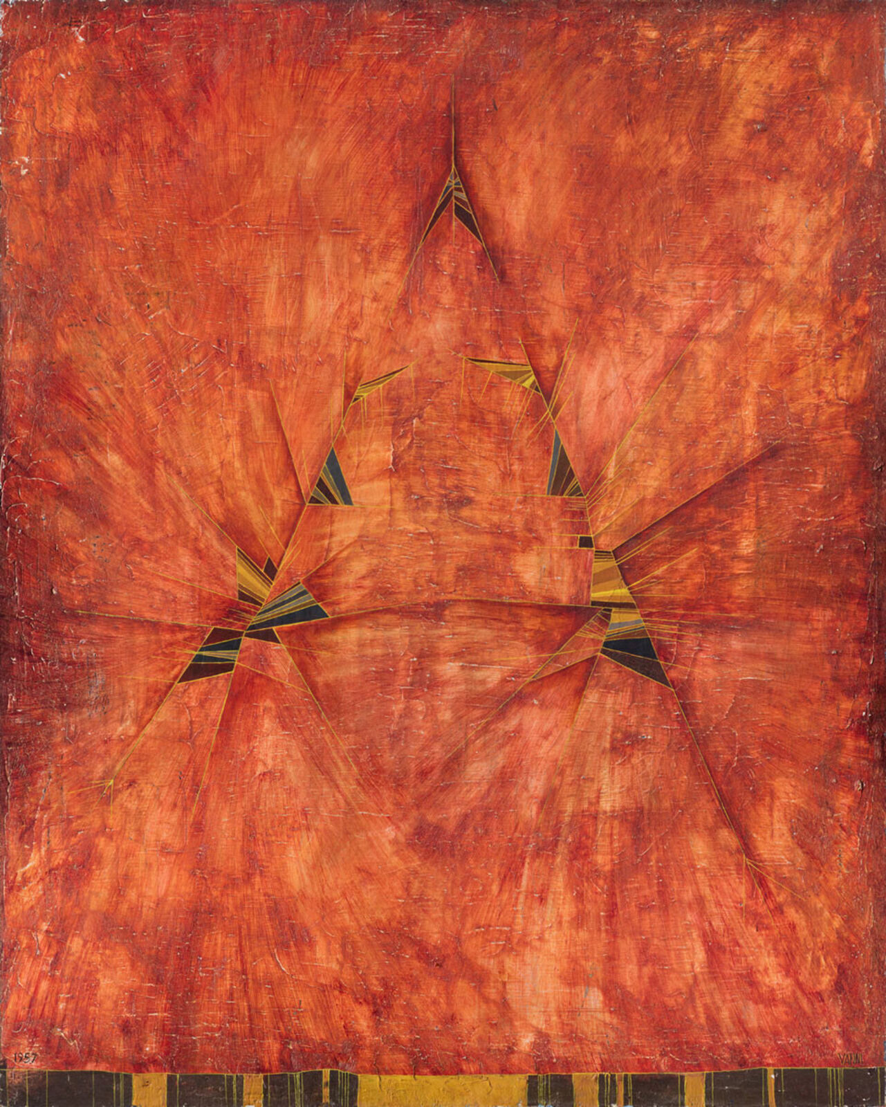 A painting of an orange and yellow abstract painting on a red background.