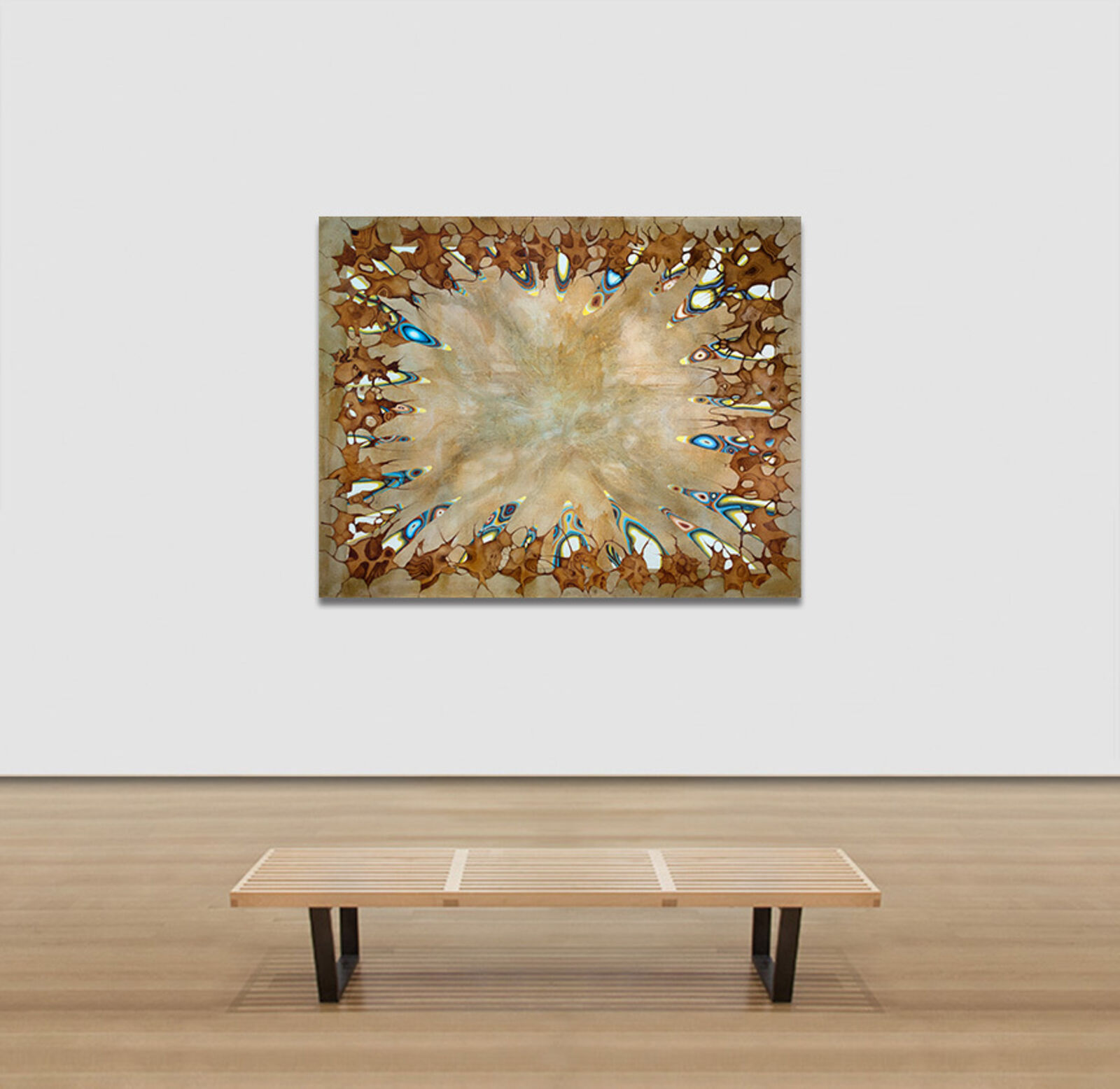 A painting of a circular pattern of blue and brown feathers.