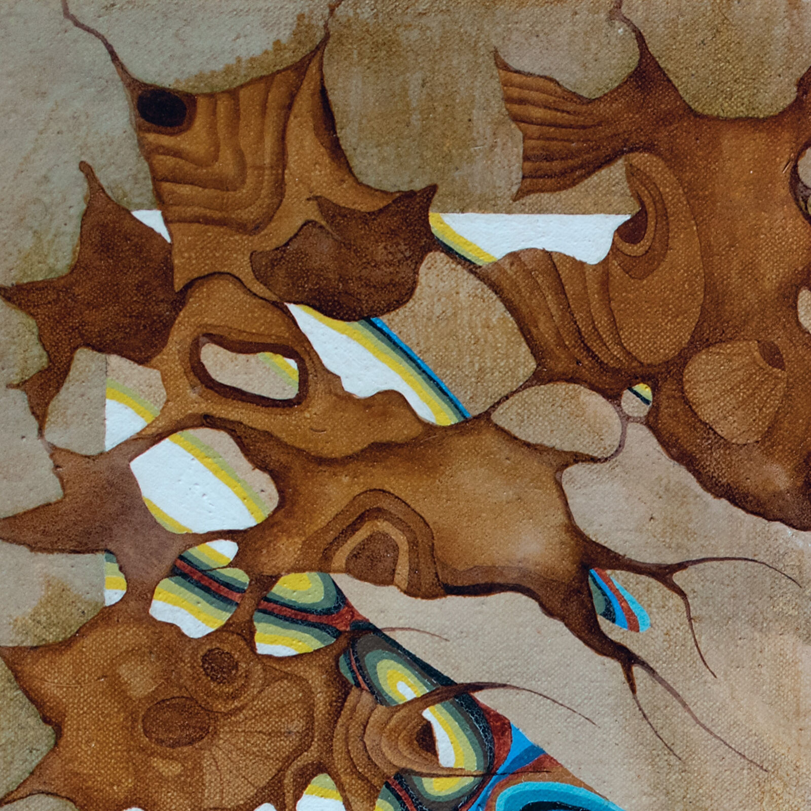 A painting of a circular pattern of blue and brown feathers.