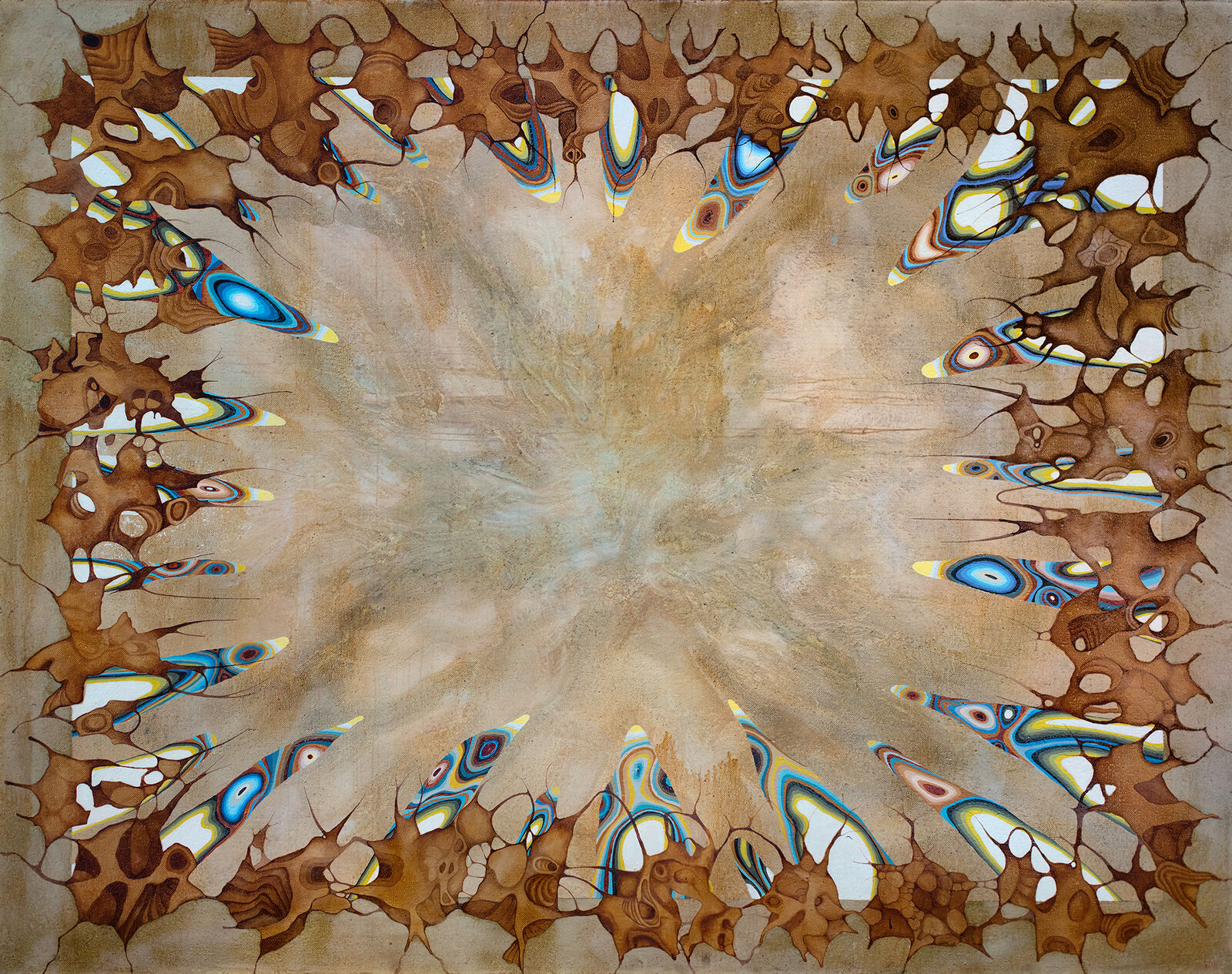 A painting of a circular pattern of blue and brown feathers.