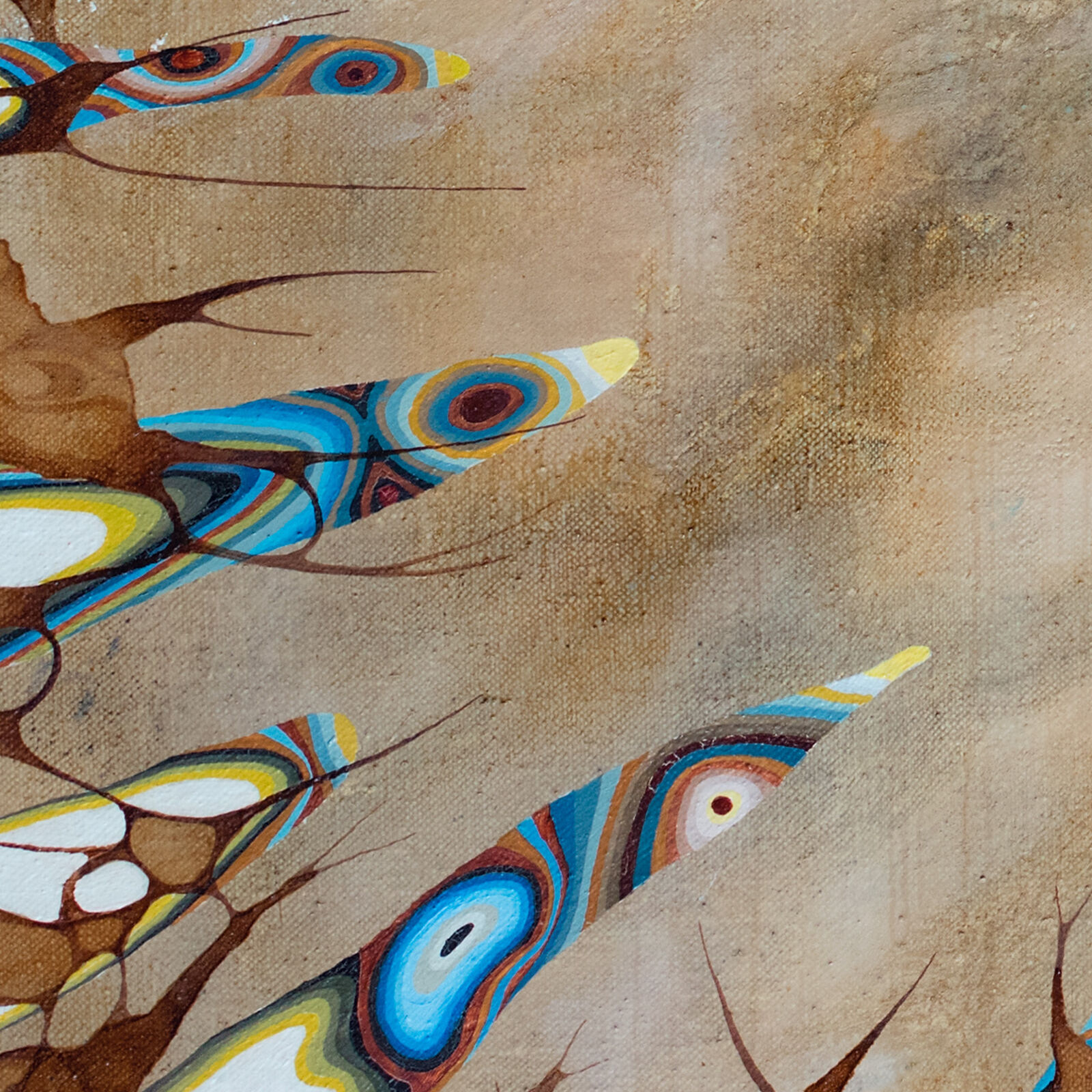 A painting of a circular pattern of blue and brown feathers.