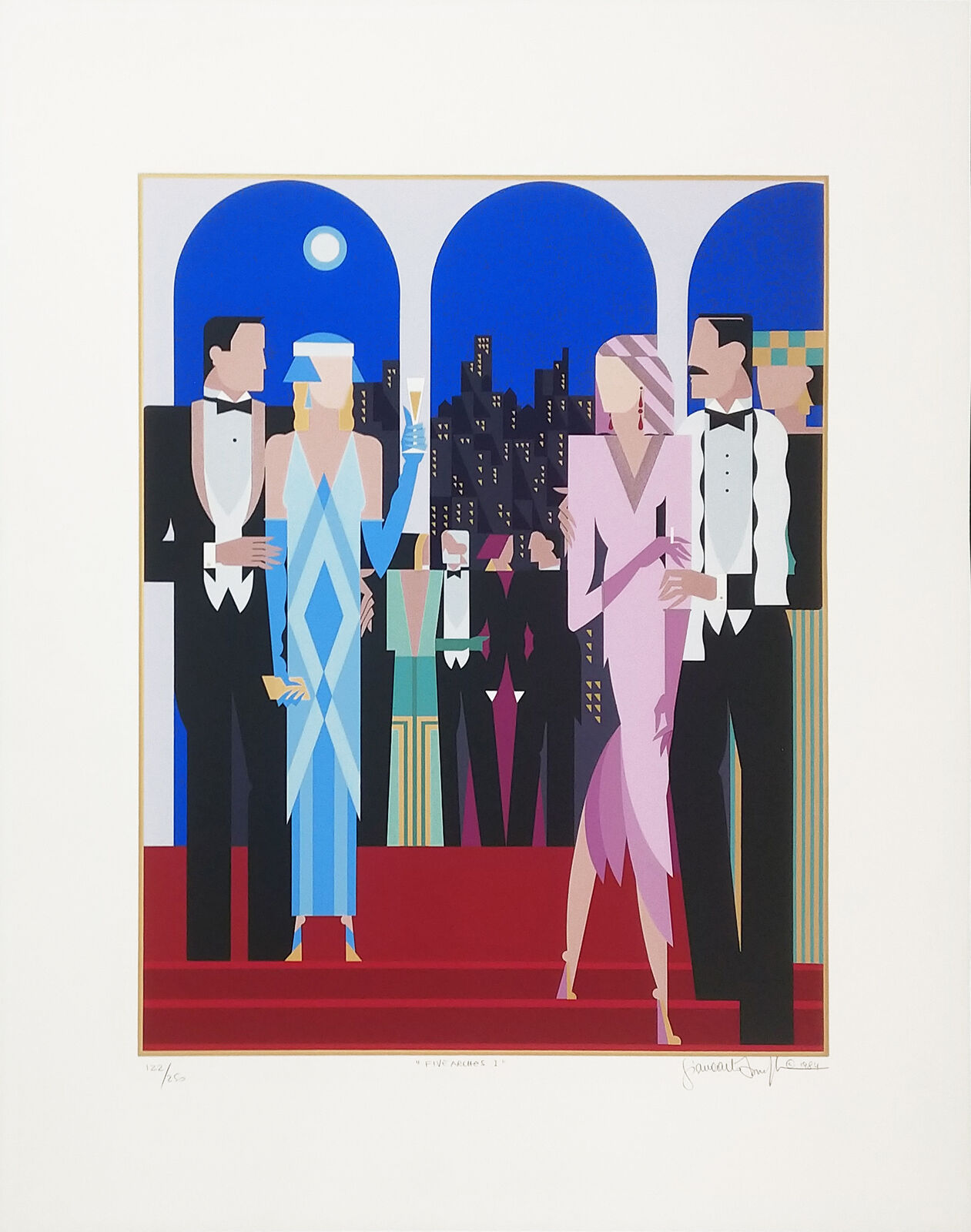 A painting of a group of people standing on a red carpet.