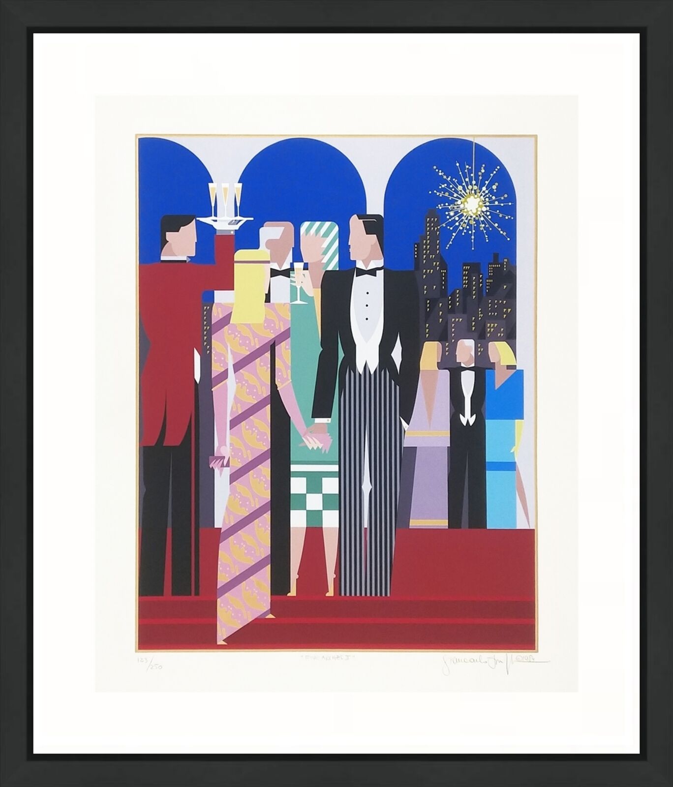 A painting of a man in a tuxedo standing on a red carpet.