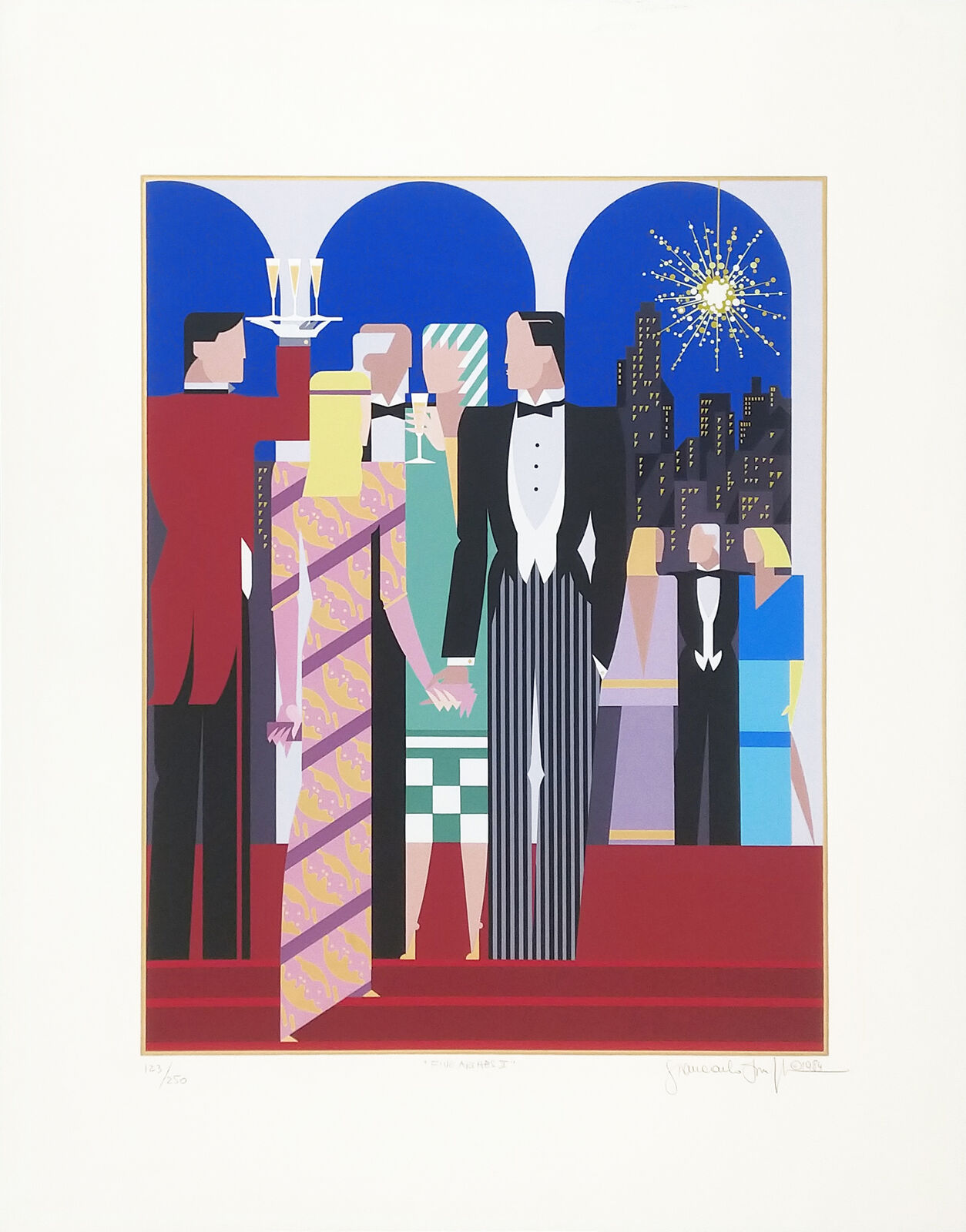 A painting of a man in a tuxedo standing on a red carpet.