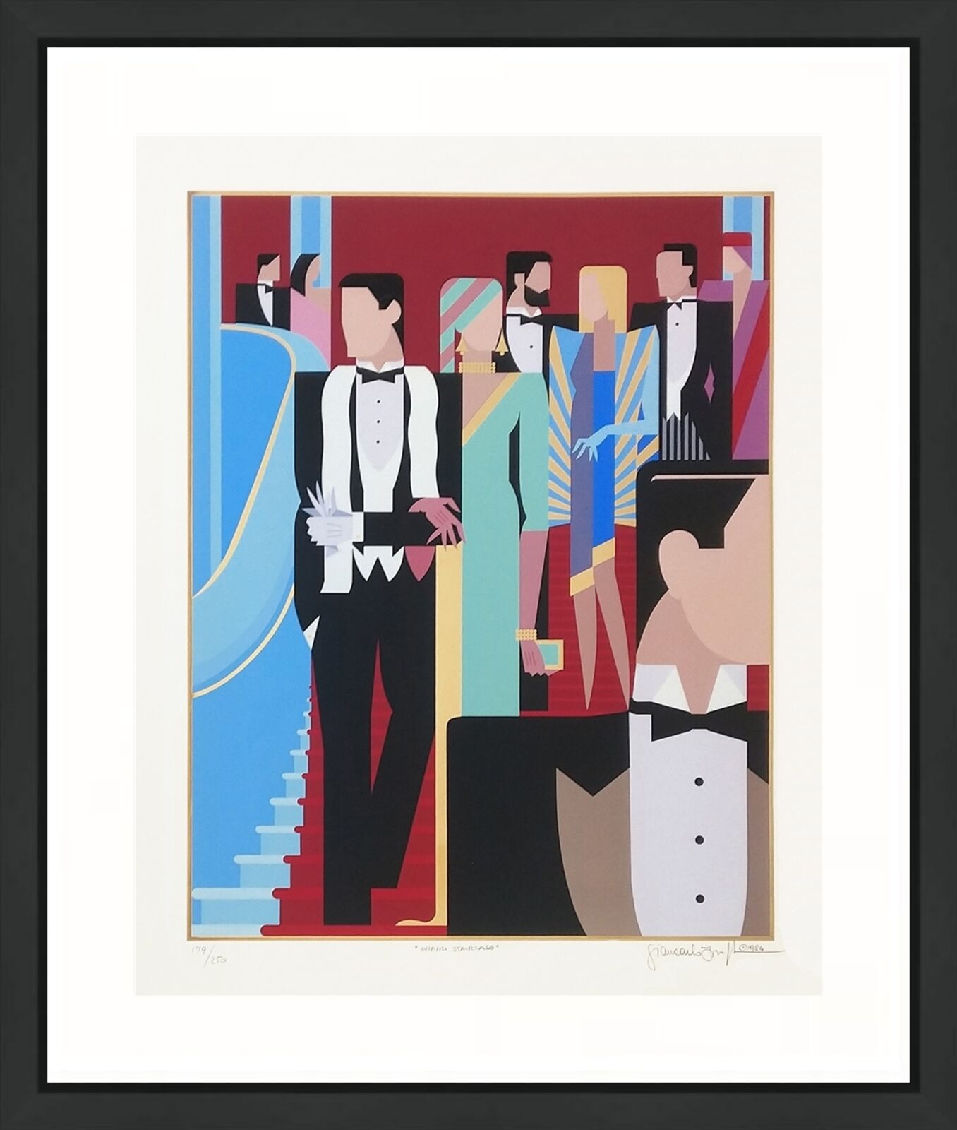 A painting of a man in a tuxedo standing in front of a crowd of people.