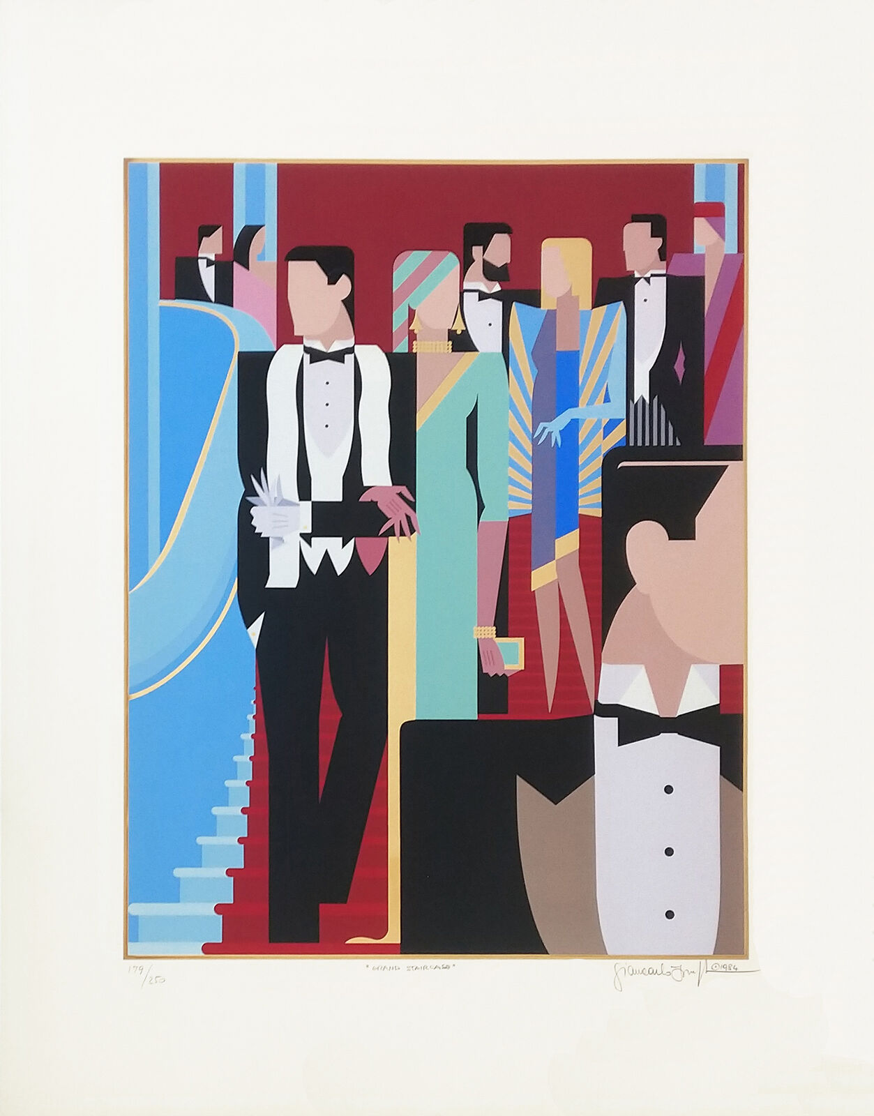 A painting of a man in a tuxedo standing in front of a crowd of people.