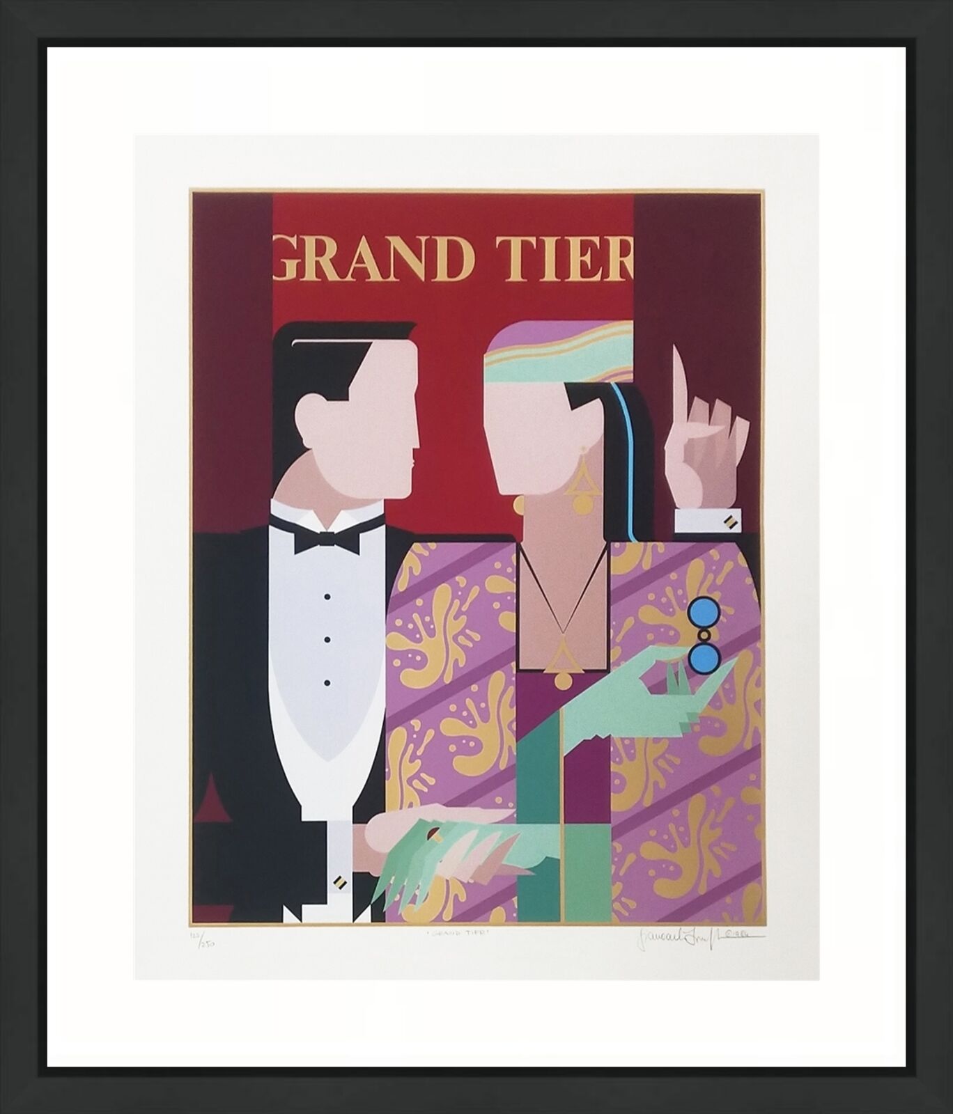 A framed poster of a man and a woman in a tuxedo.