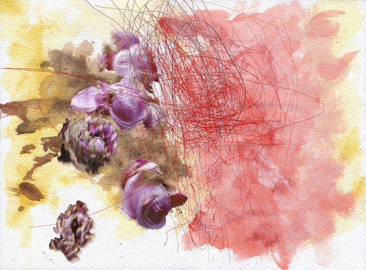 A watercolor study of purple flowers and abstract red lines on a yellow background.