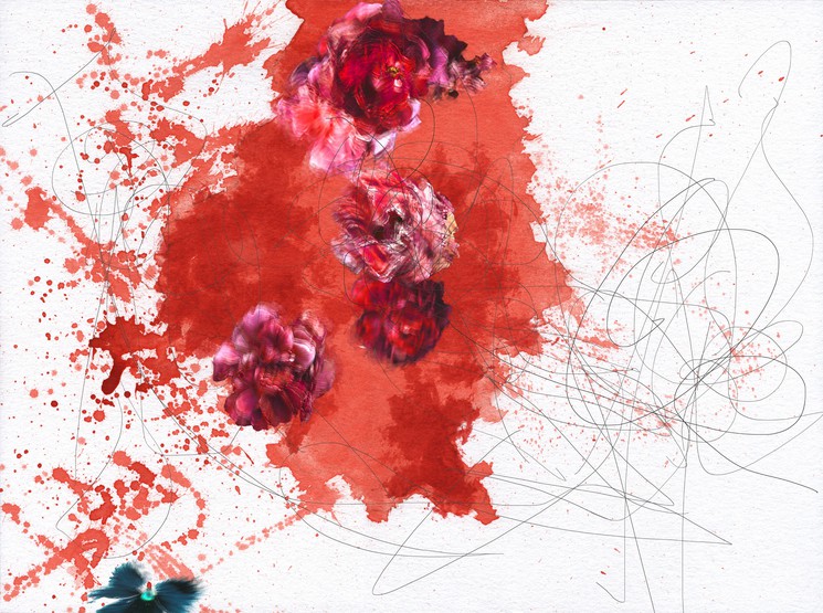 A watercolor floral composition with bold red blooms, splattered paint, and abstract black lines.