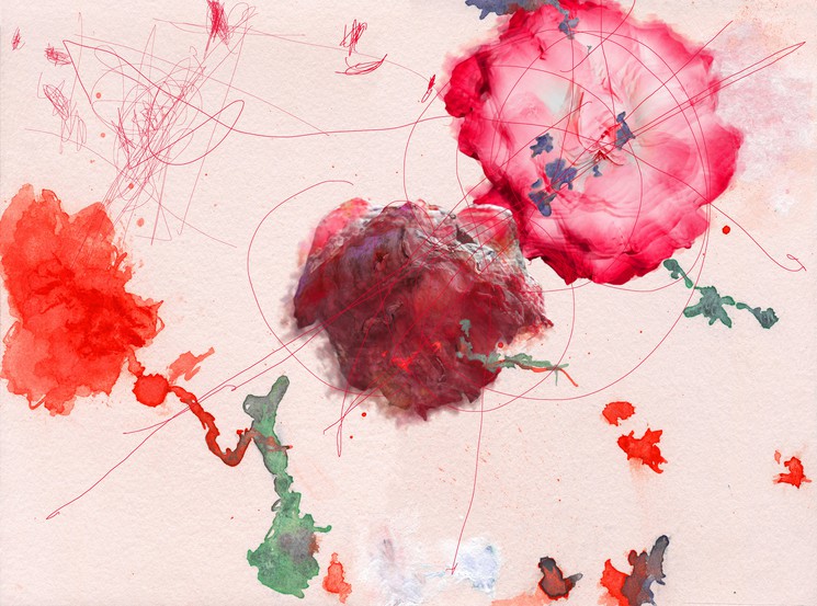 A watercolor composition featuring abstract organic shapes in red, green, and blue against a pale background.