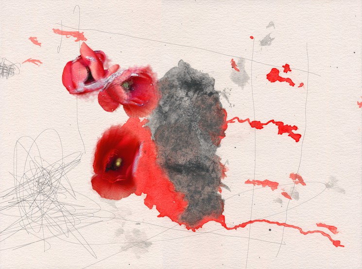 A watercolor study of red poppies and a dark grey shape on textured paper.