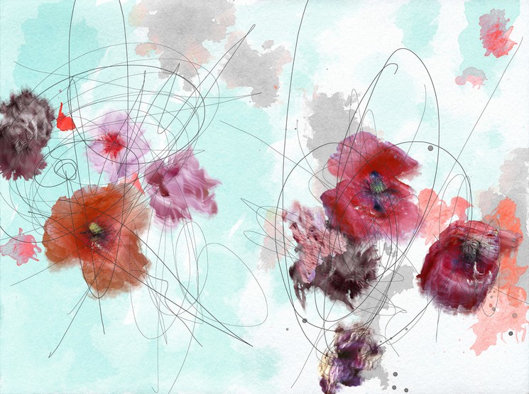 A watercolor painting of red and pink flowers on a blue background.