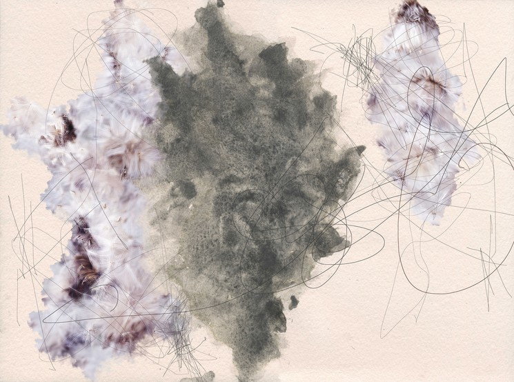 An abstract watercolor piece featuring a central dark shape flanked by two white, feathery forms with thin black lines.