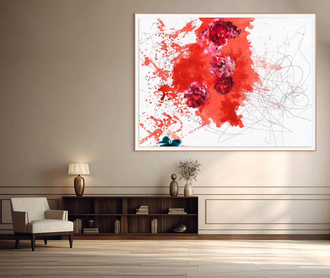 A painting of red flowers on a white background.