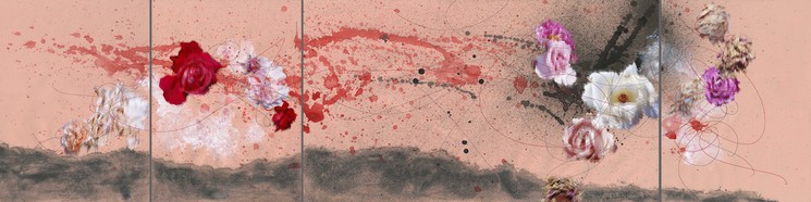 a painting of flowers on a wall with paint splatters