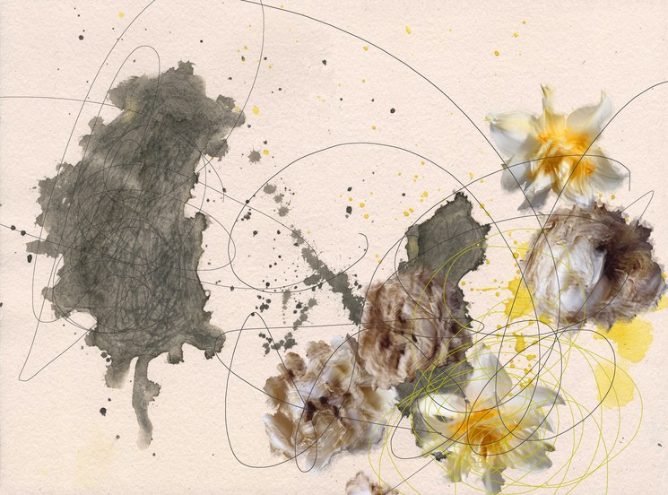 A watercolor composition featuring abstract dark shapes and delicate flowers against a textured background.