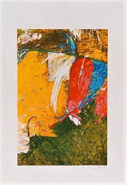 a painting of a bird on a yellow background
