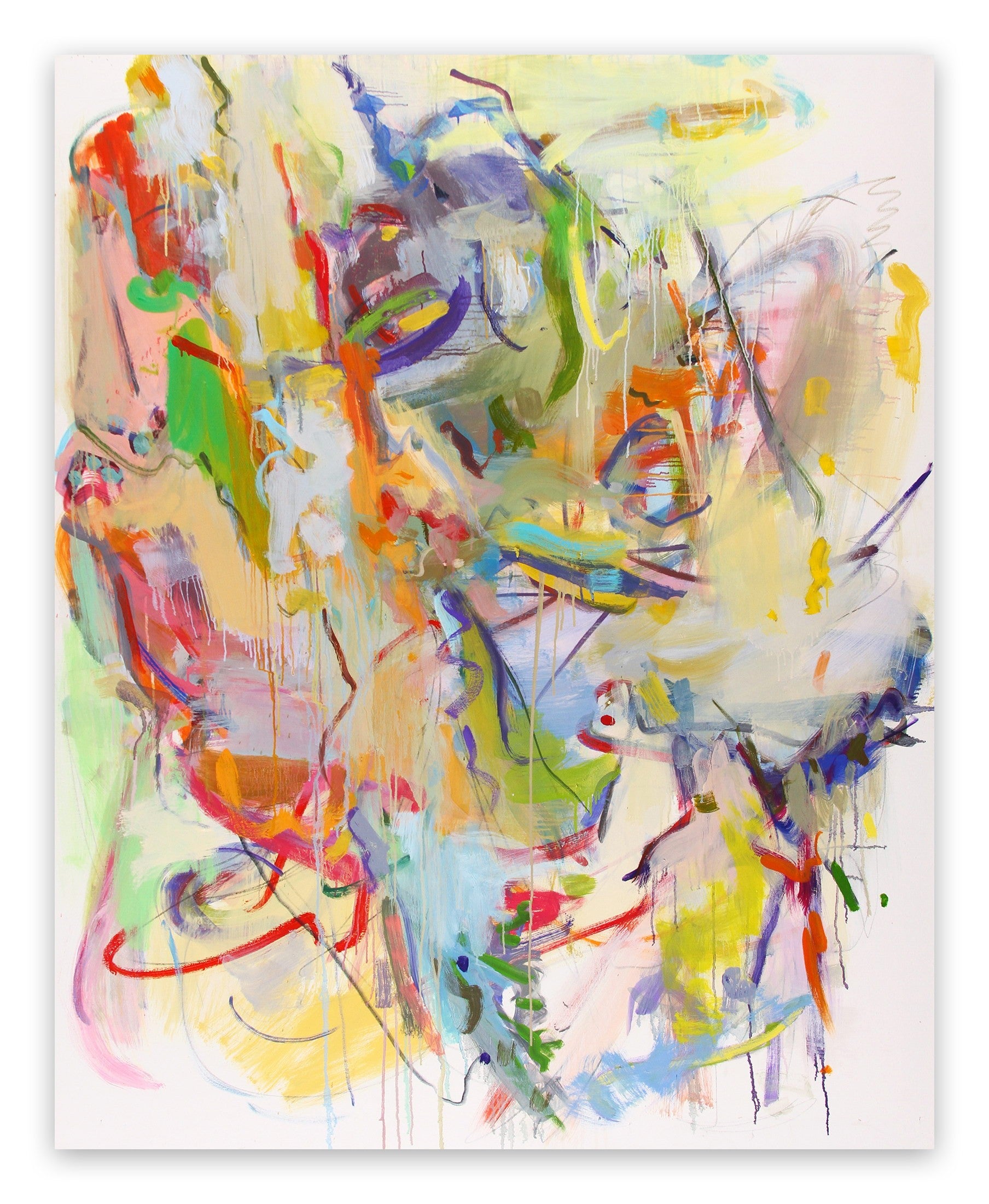 A colorful abstract painting on a white background. 