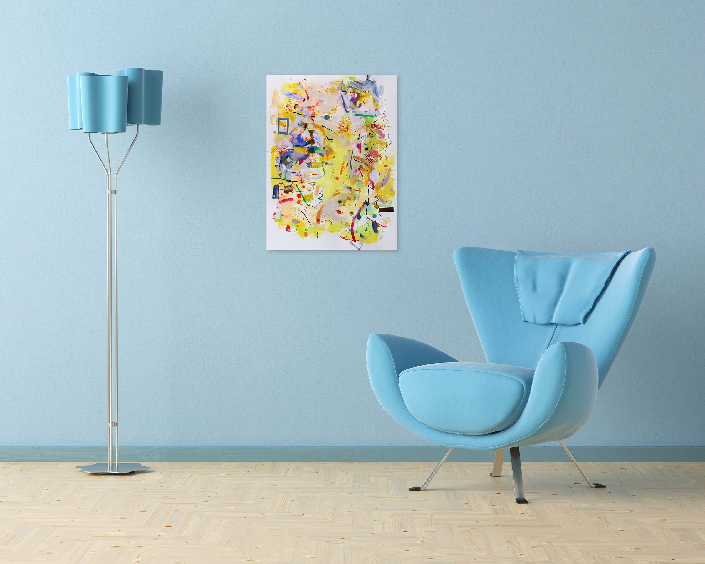 A painting on a white wall with a yellow background.