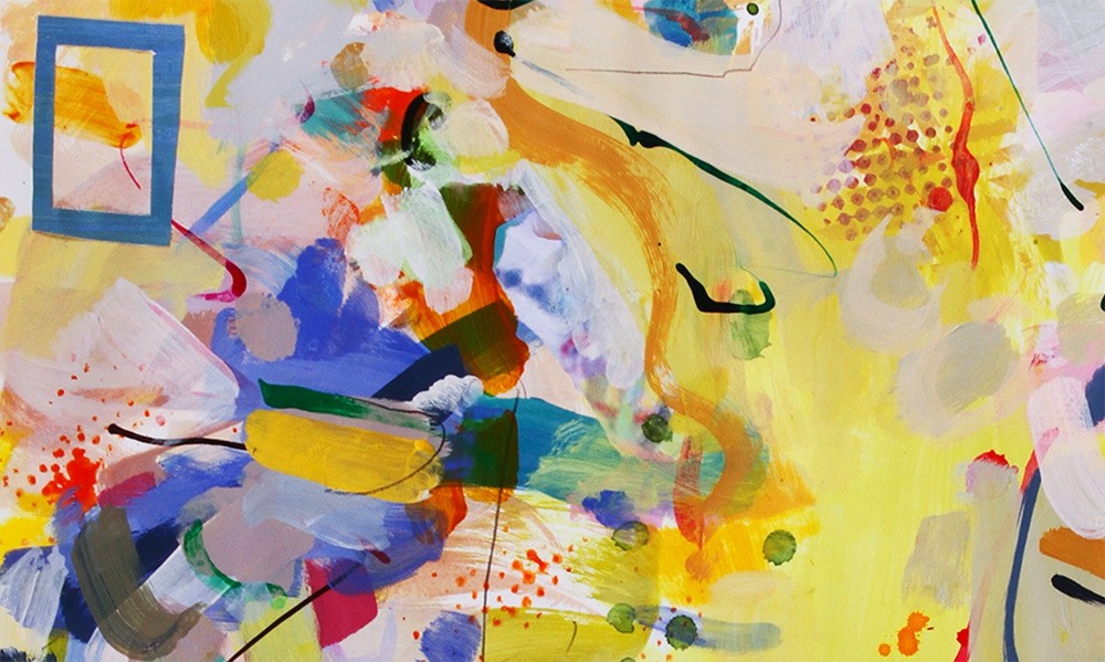 A painting on a white wall with a yellow background.