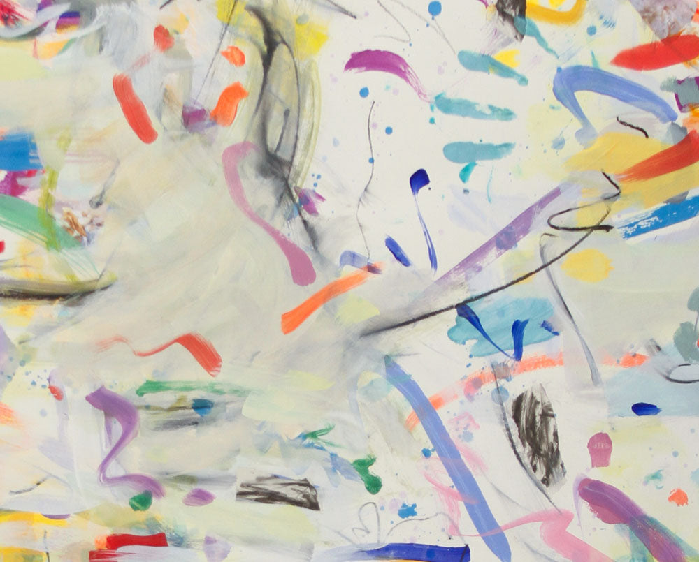A large abstract painting on a white wall.