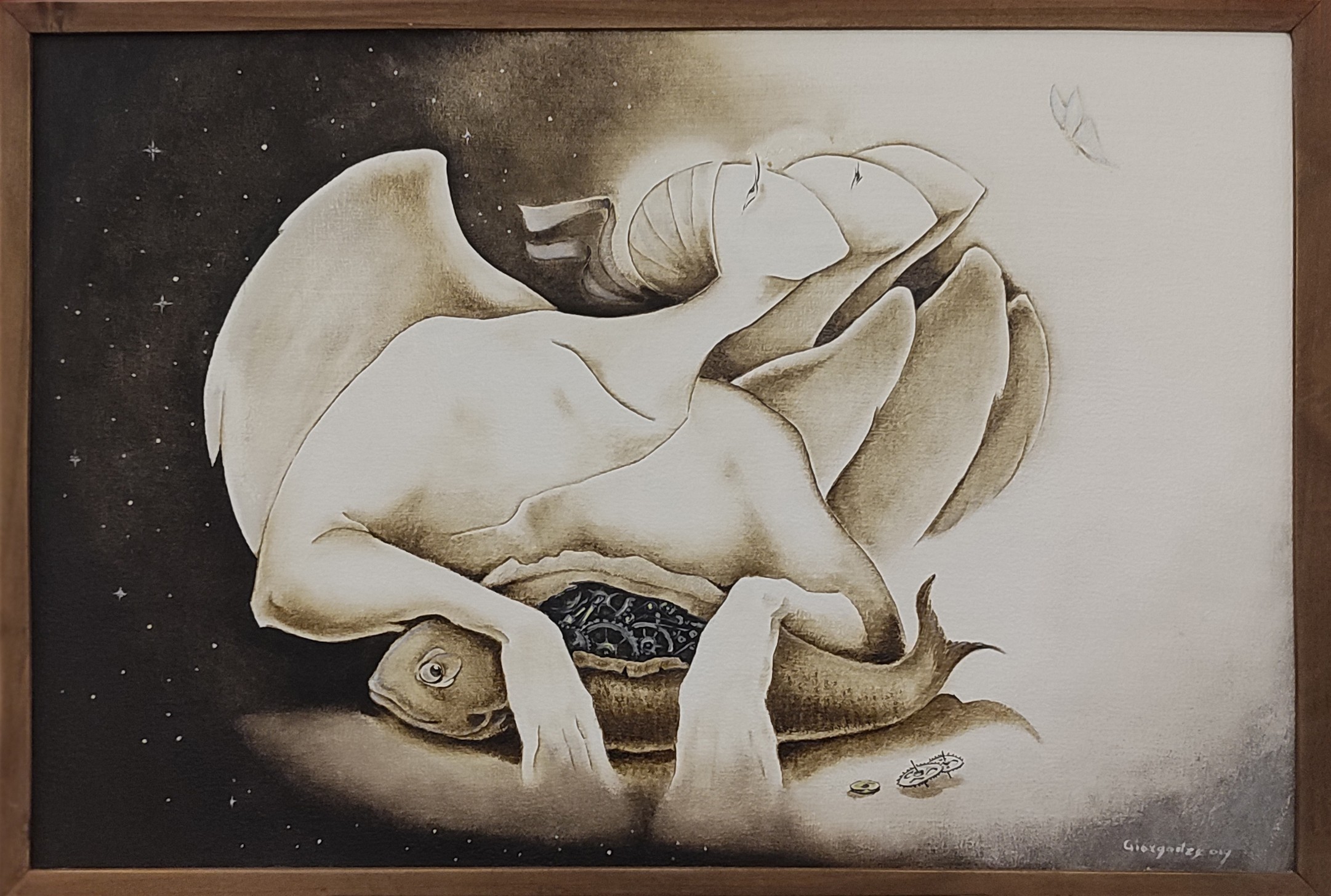 A surreal monochromatic figure cradling a fish-like creature against a starry void.