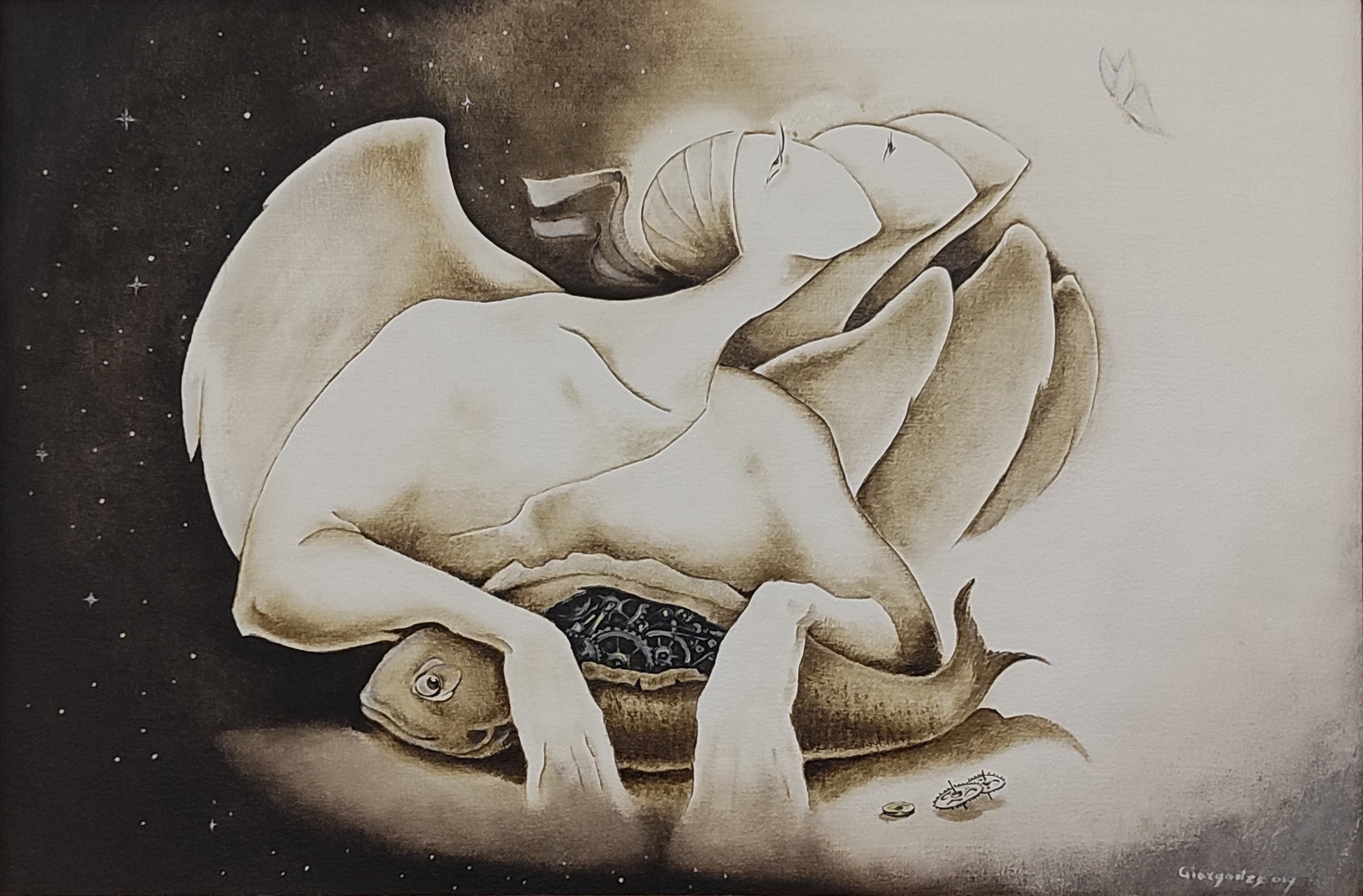A surreal monochromatic figure cradling a fish-like creature against a starry void.
