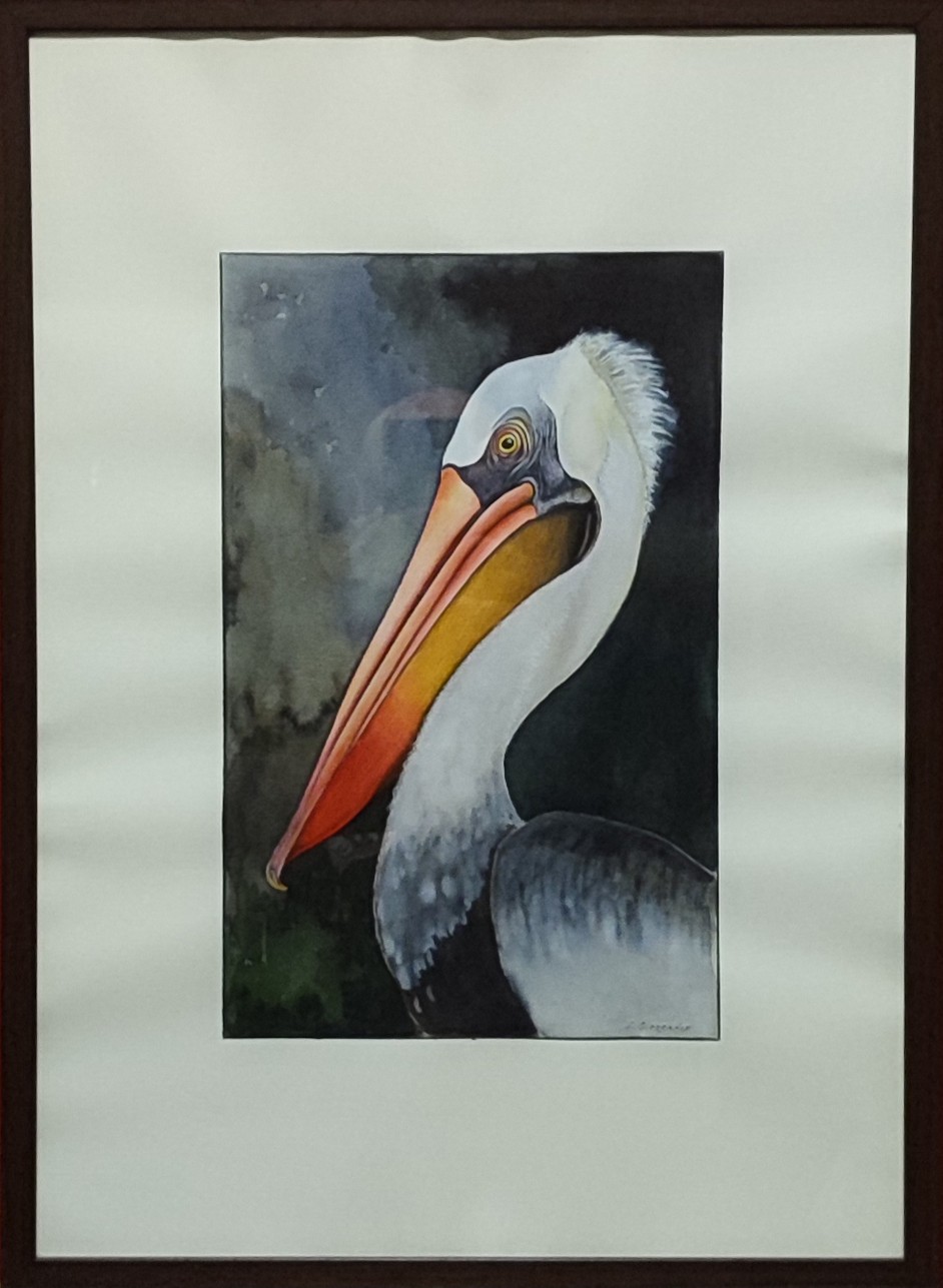 A painting of a pelican with a long beak.