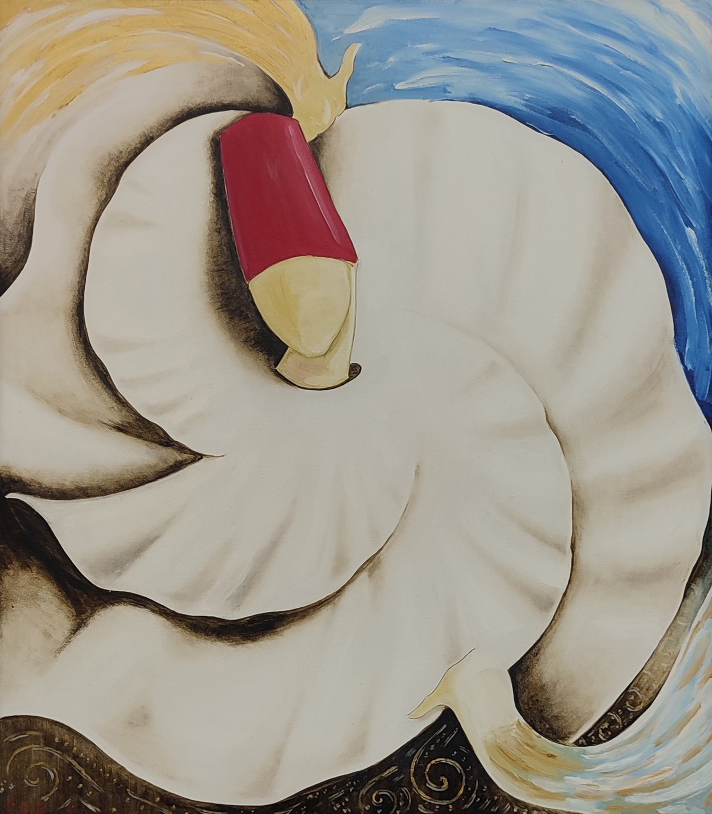 A swirling abstract composition featuring a red and yellow cone-like shape against a white, wave-like background.