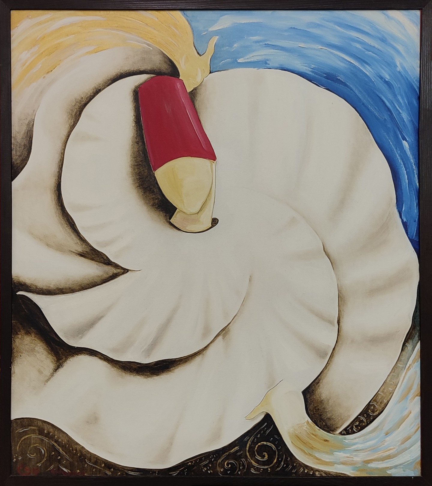 A swirling abstract composition featuring a red and yellow cone-like shape against a white, wave-like background.