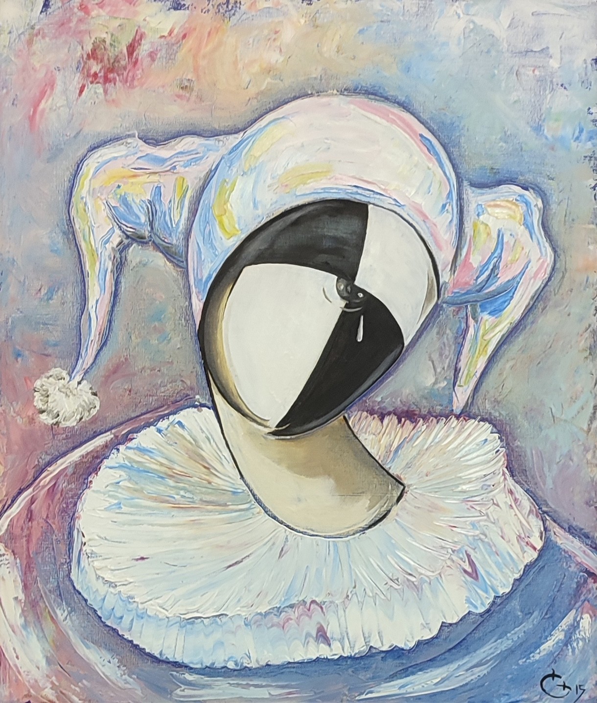 A whimsical oil painting of a figure in a jester hat and ruffled collar, rendered with expressive brushstrokes.