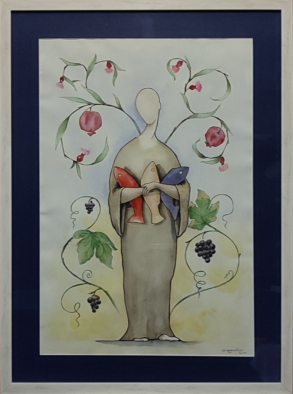 A stylized figure holding a fish, surrounded by grapevines and pomegranates.