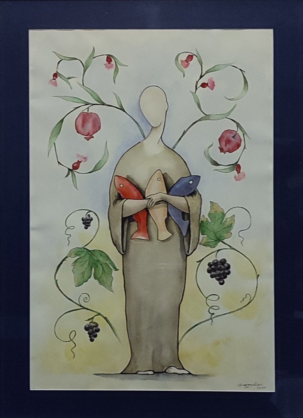 A stylized figure holding a fish, surrounded by grapevines and pomegranates.