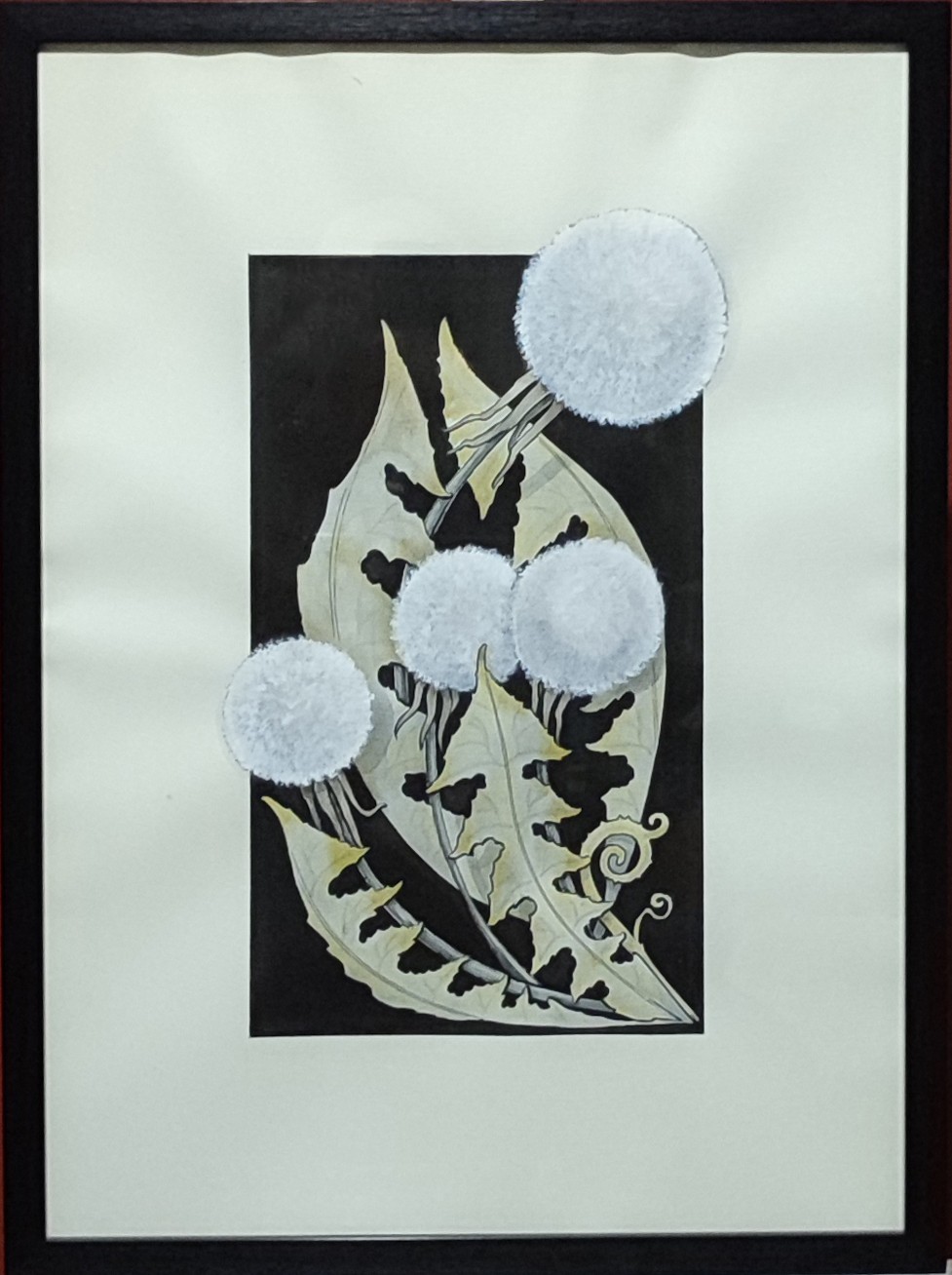 A mixed-media artwork featuring fluffy white spheres resting on a stylized leaf against a dark background.