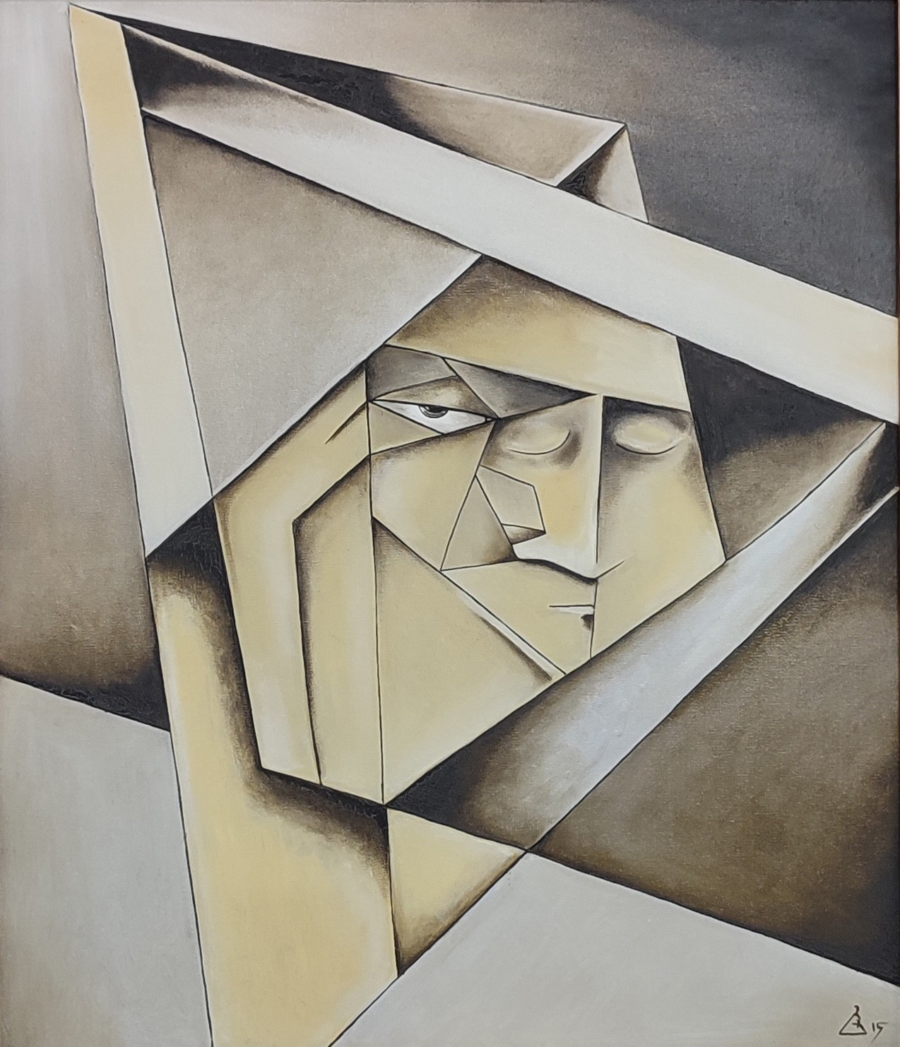 A geometric portrait of a face rendered in sharp, angular planes and a muted earth-tone palette.