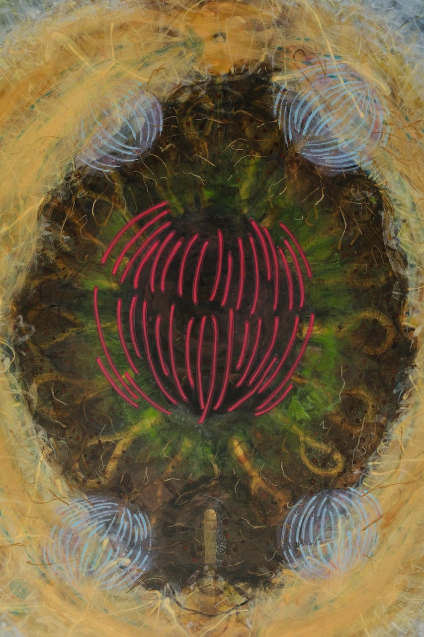 A painting of a red flower on a brown background.