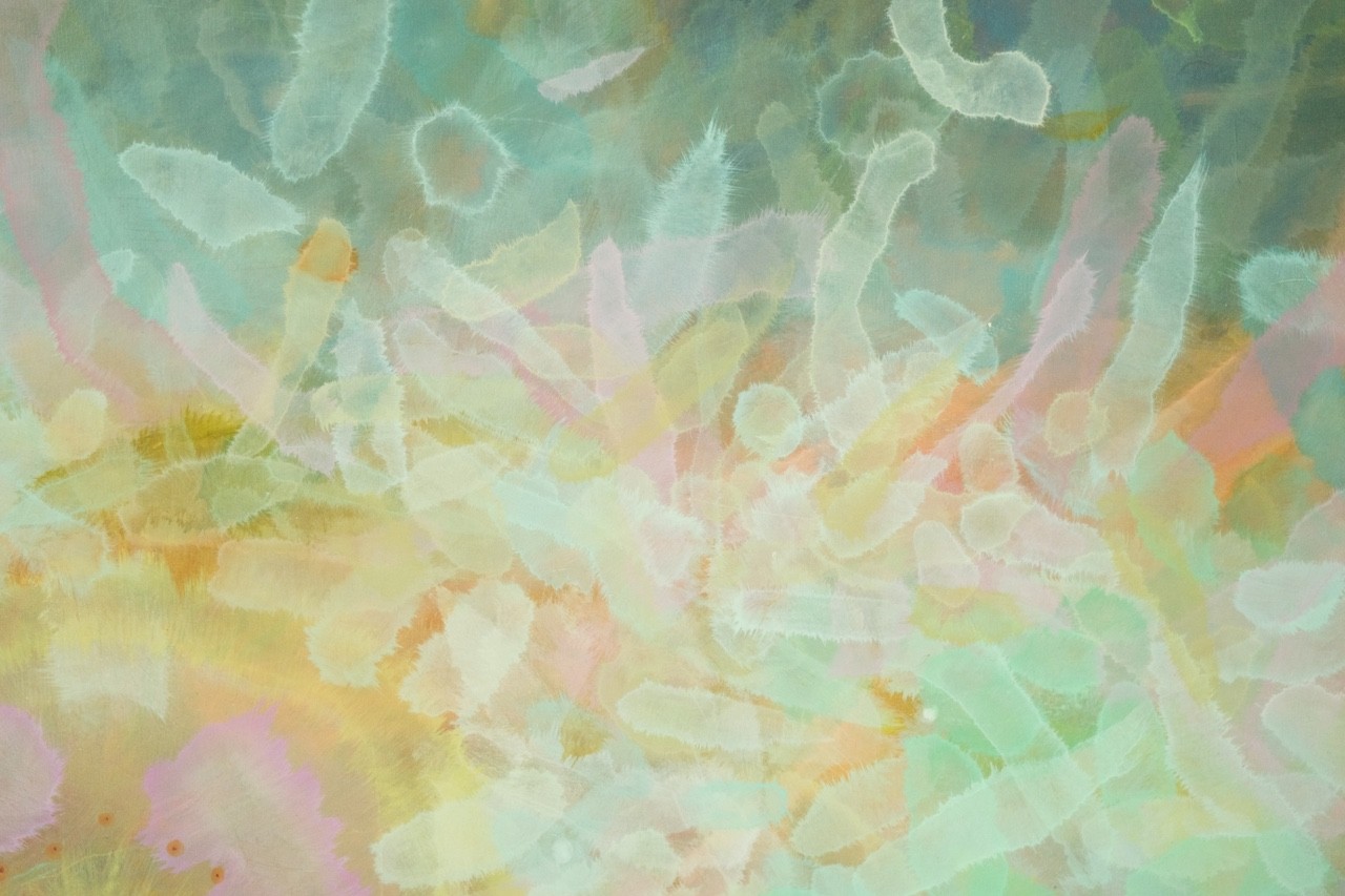 A soft, abstract composition of layered pastel shapes in a dreamy, ethereal style.