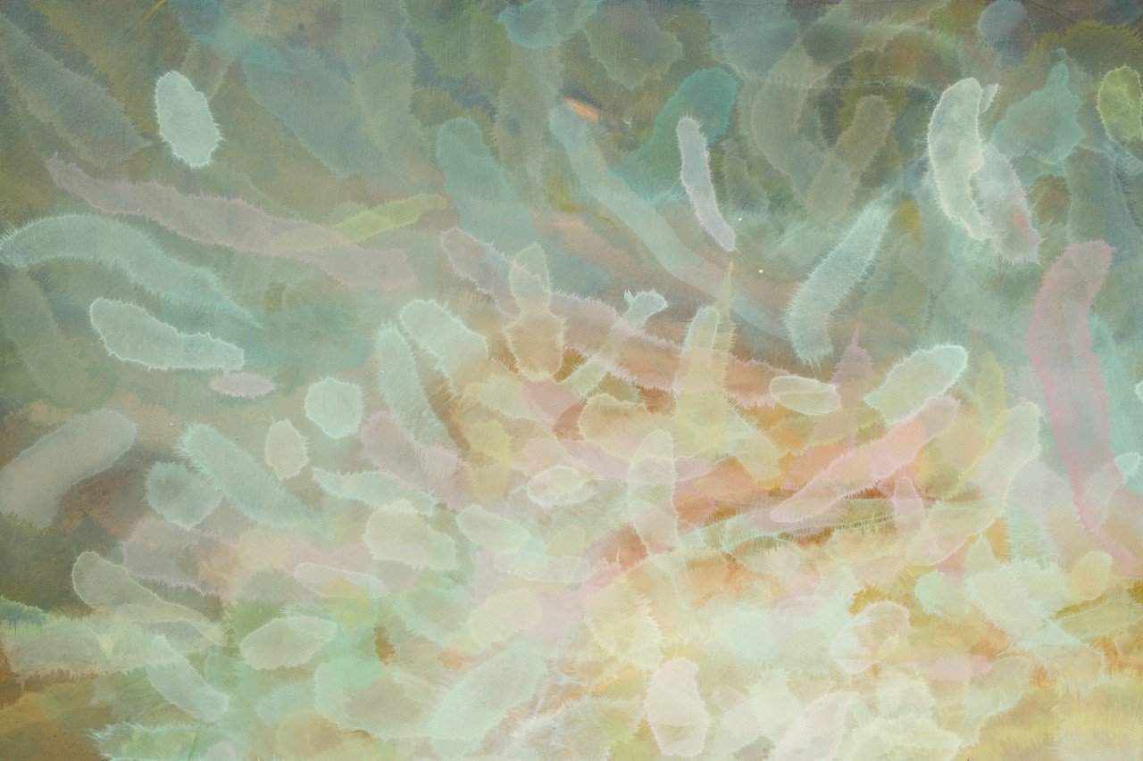 A soft, abstract composition of layered pastel shapes in a dreamy, ethereal style.