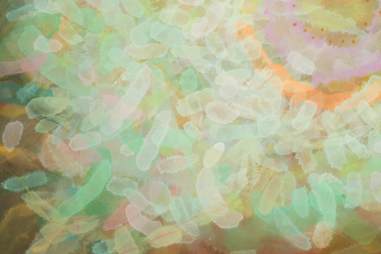 A soft, abstract composition of layered pastel shapes in a dreamy, ethereal style.