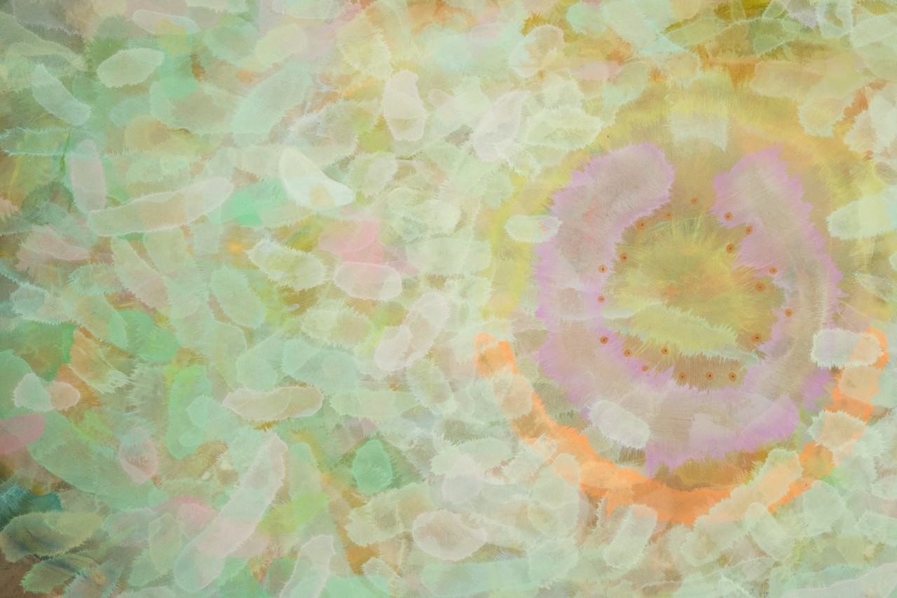 A soft, abstract composition of layered pastel shapes in a dreamy, ethereal style.