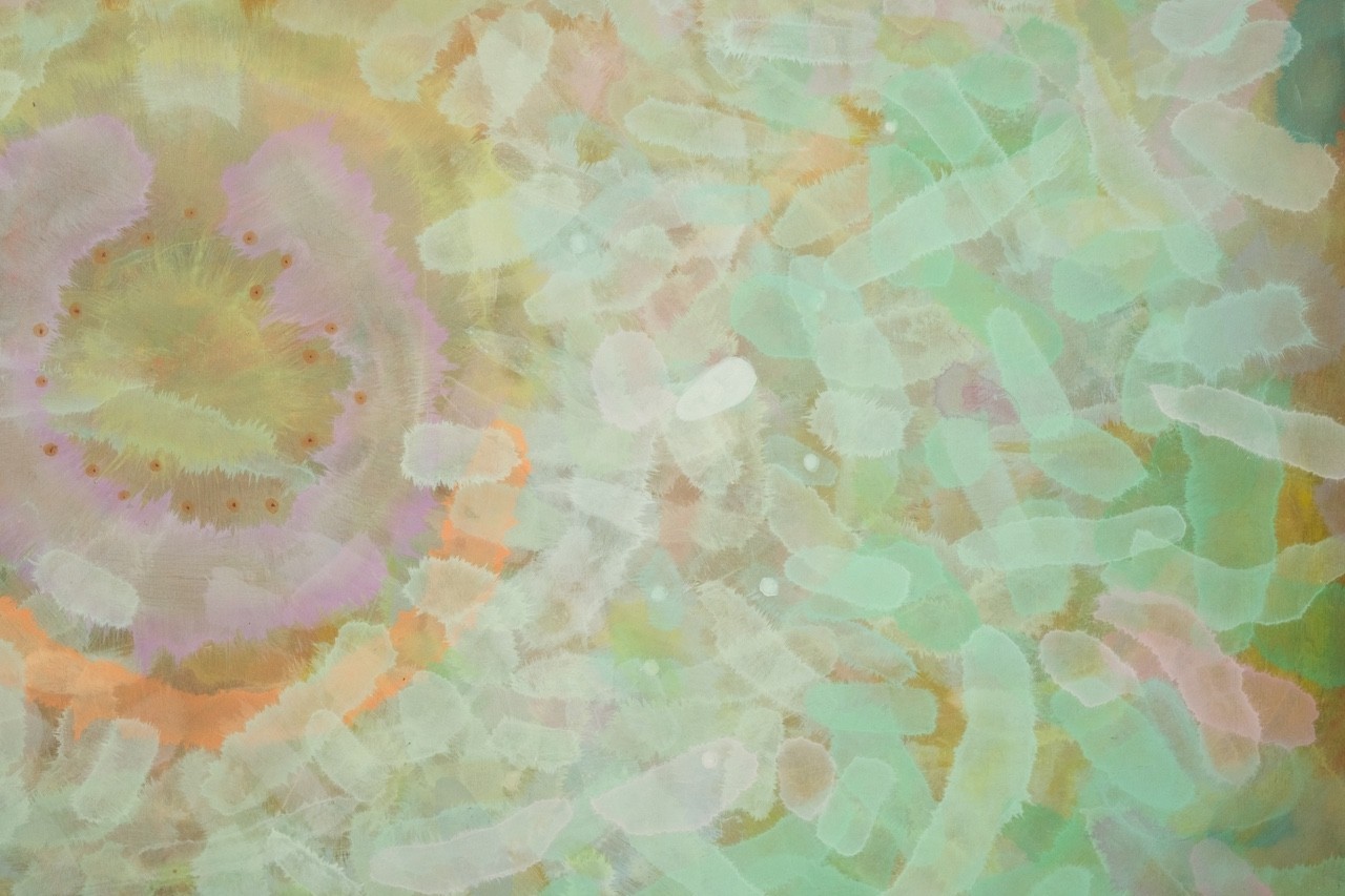 A soft, abstract composition of layered pastel shapes in a dreamy, ethereal style.