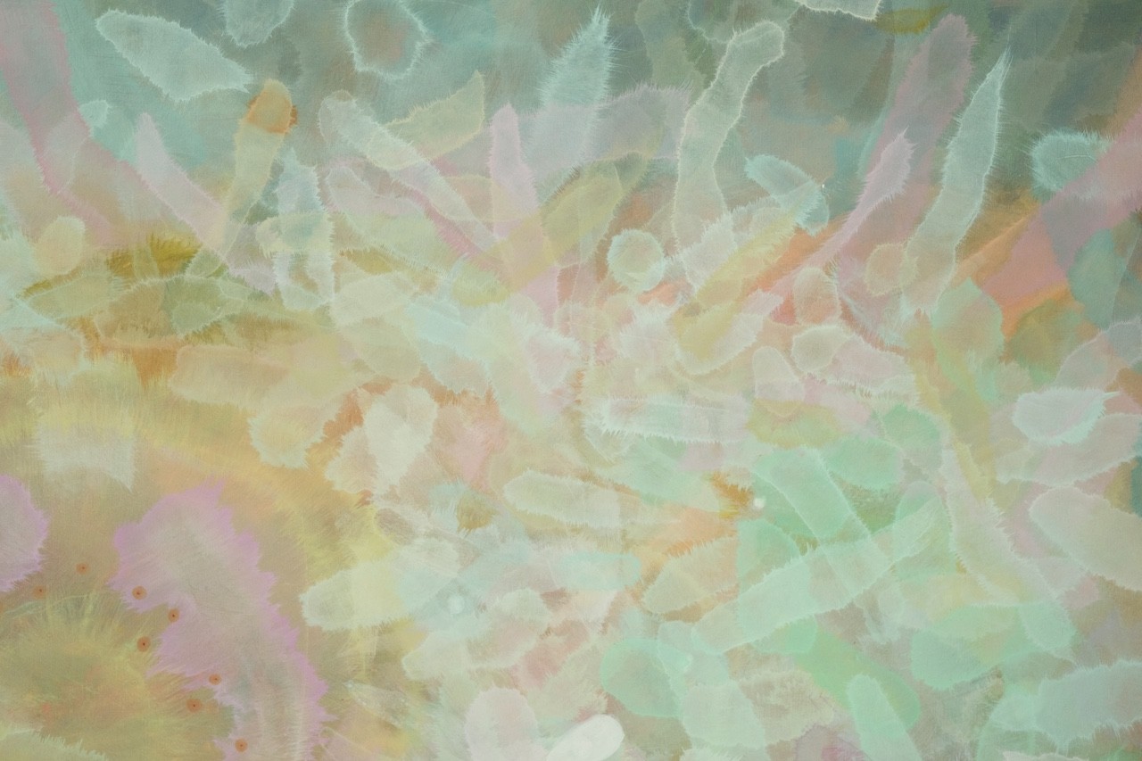 A soft, abstract composition of layered pastel shapes in a dreamy, ethereal style.