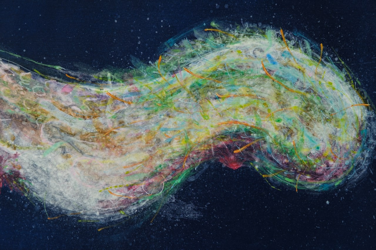 A textured abstract composition featuring a central organic form against a deep blue background.