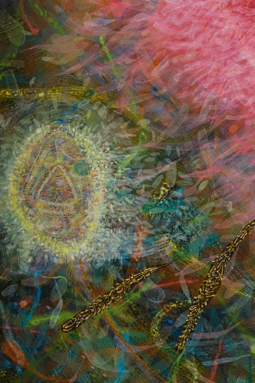 A painting of a colorful abstract painting with a sun in the background.