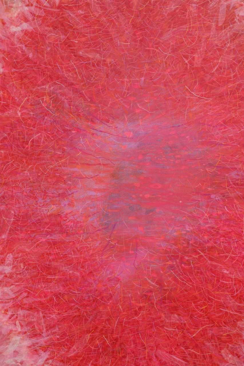 A painting of a colorful abstract painting with a sun in the background.