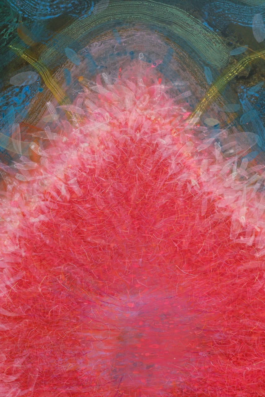 A painting of a colorful abstract painting with a sun in the background.