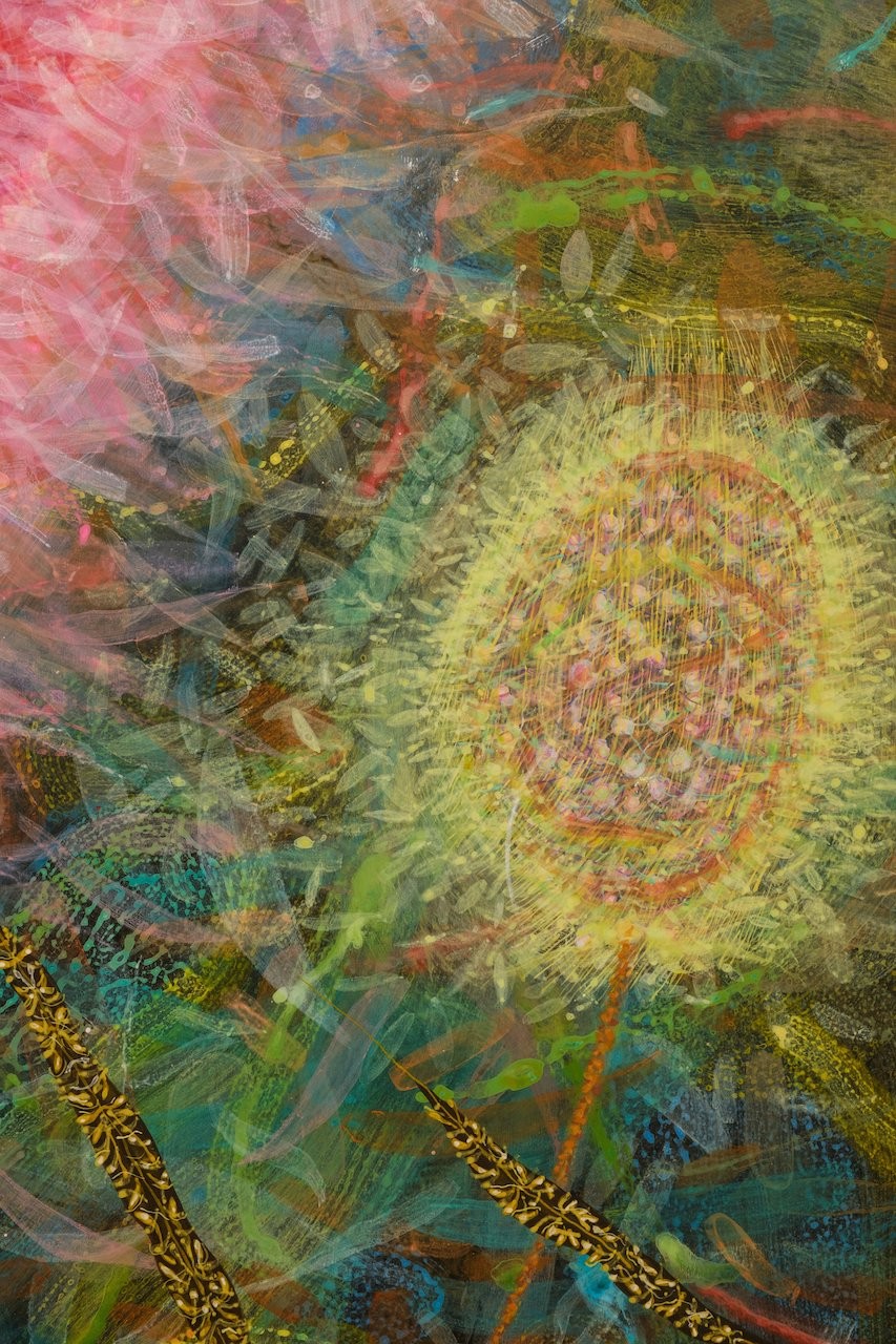 A painting of a colorful abstract painting with a sun in the background.